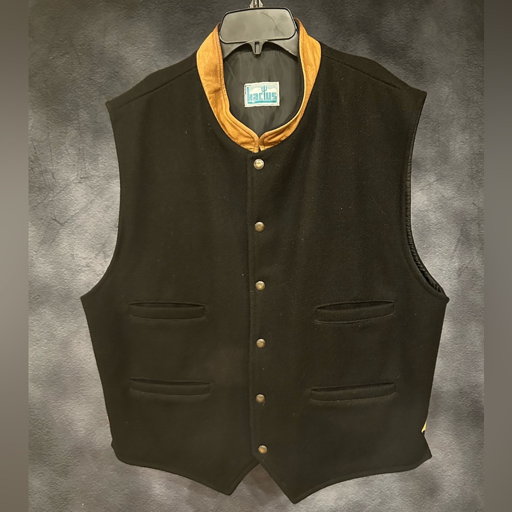 VTG 100% Wool and Leather Black and Tan Vest by Kactus